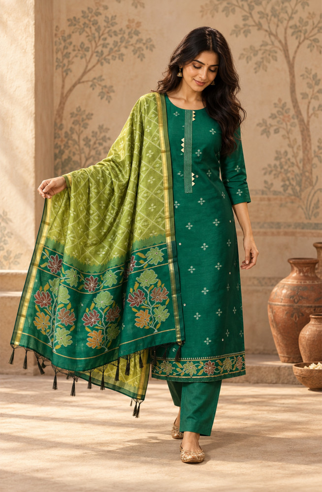 Image of Green Silk Unstitched Suit Set with Beautiful Dupatta - 972-WETSL1105C