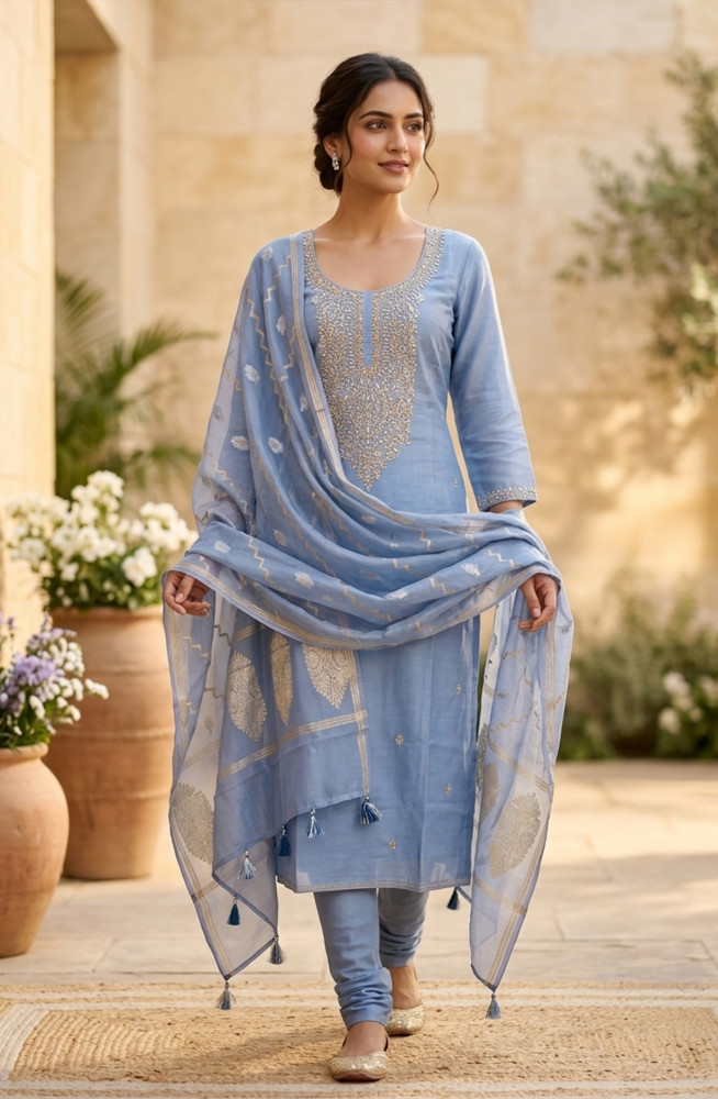 Image of Blue Chanderi Beautiful Suit Set with Dupatta - 981-NK643