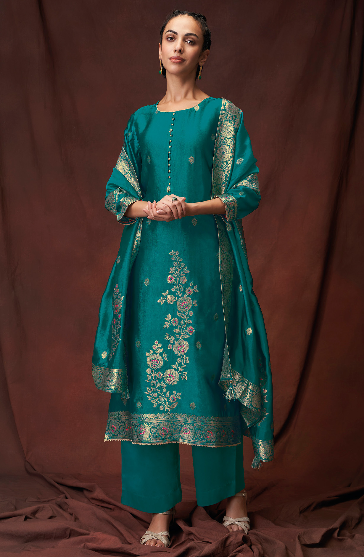 Firozi Beautiful Chanderi Silk Unstitched Salwar Kameez - BARS1793