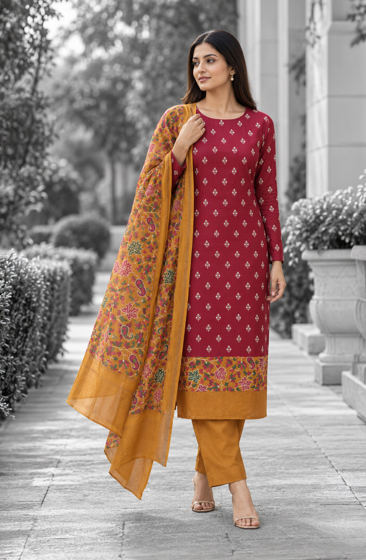Mehroon Maheshwari Unstitched Suit-Set with Dupatta - 811-S151-445-133-2C