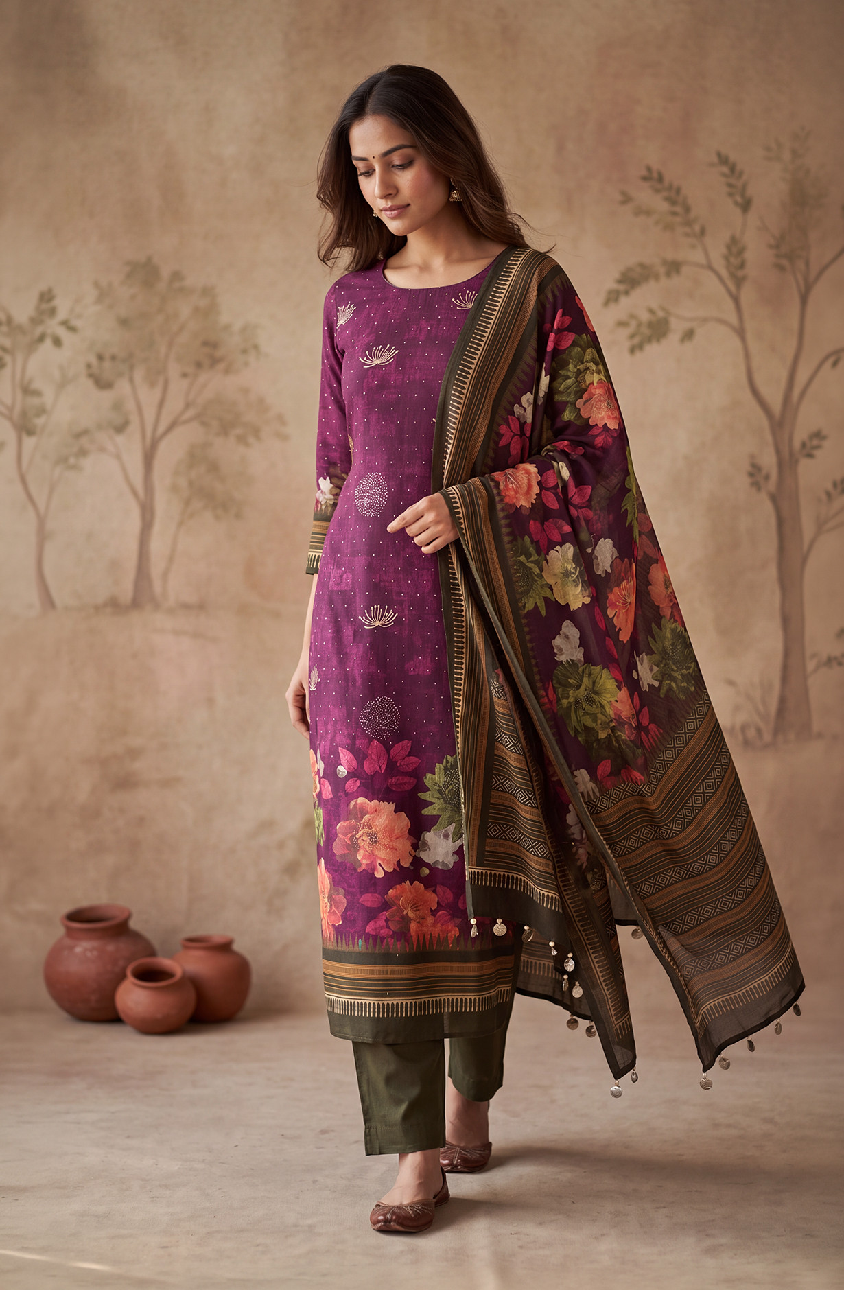 Purple Satin Silk Unstitched Suit Set with Beautiful Dupatta - 1028-MALAI-5A