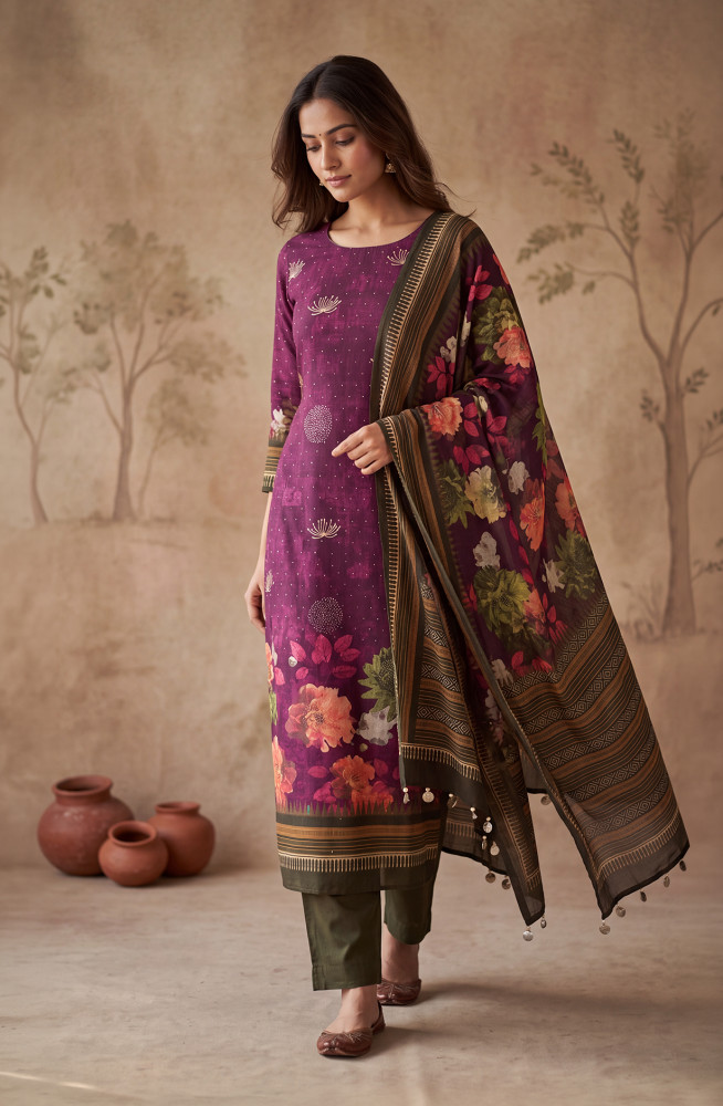 Image of Purple Satin Silk Unstitched Suit Set with Beautiful Dupatta - 1028-MALAI-5A