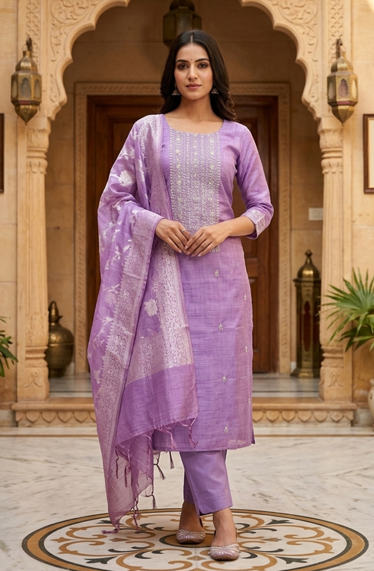 Purple Chanderi Silk Beautiful Suit Set with Banarsi Dupatta -  981-NK641