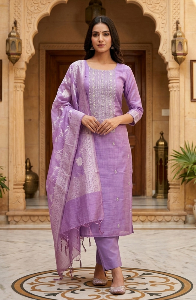 Image of Purple Chanderi Silk Beautiful Suit Set with Banarsi Dupatta -  981-NK641