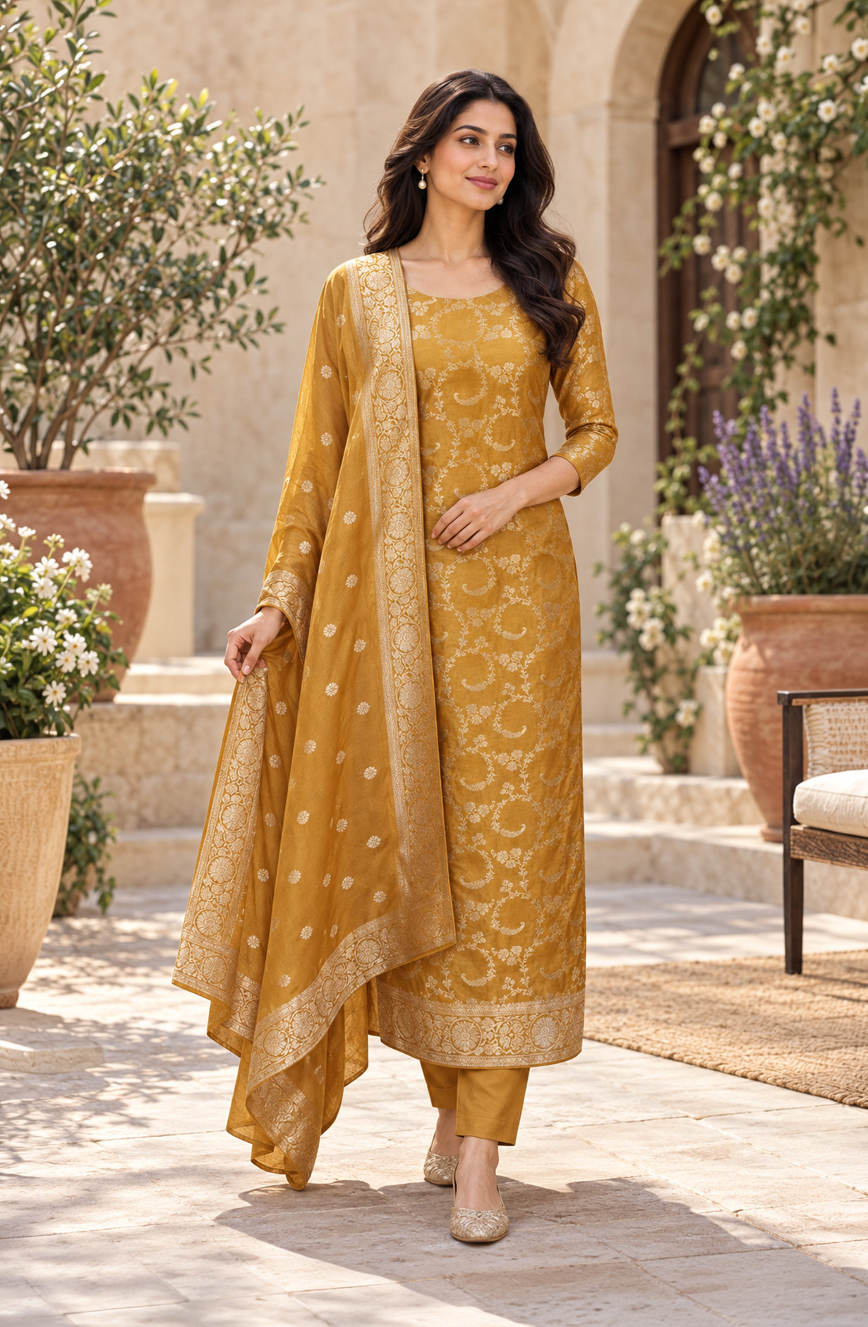 Mustard Chanderi Silk Unstitched Suit-Set with Beautiful Dupatta - 981-0018A
