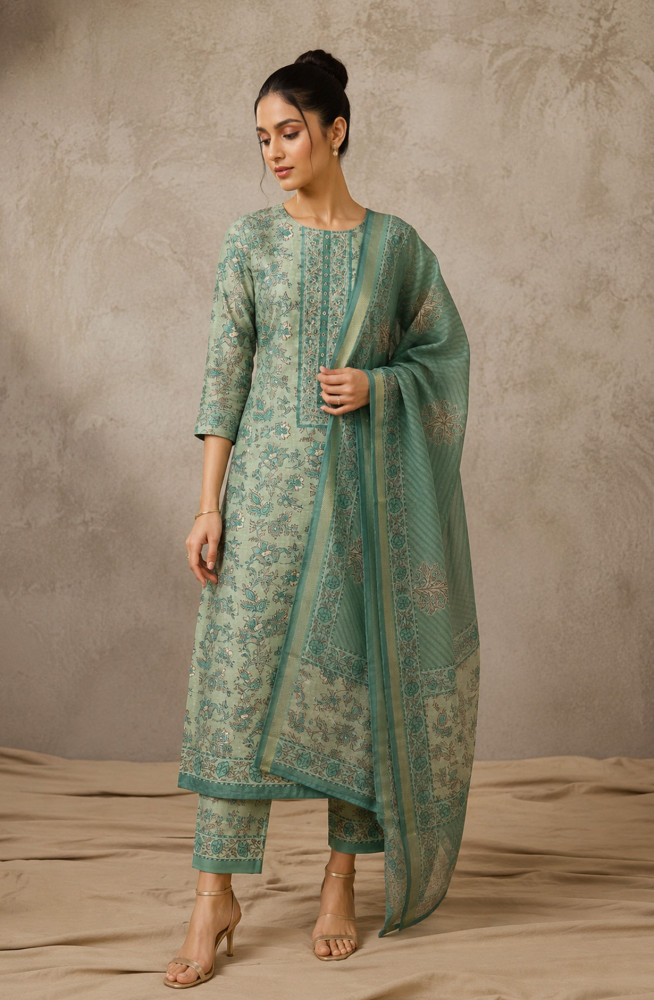 Image of Green Chanderi Silk Unstitched Suit Set with Beautiful Dupatta - 944-1366A