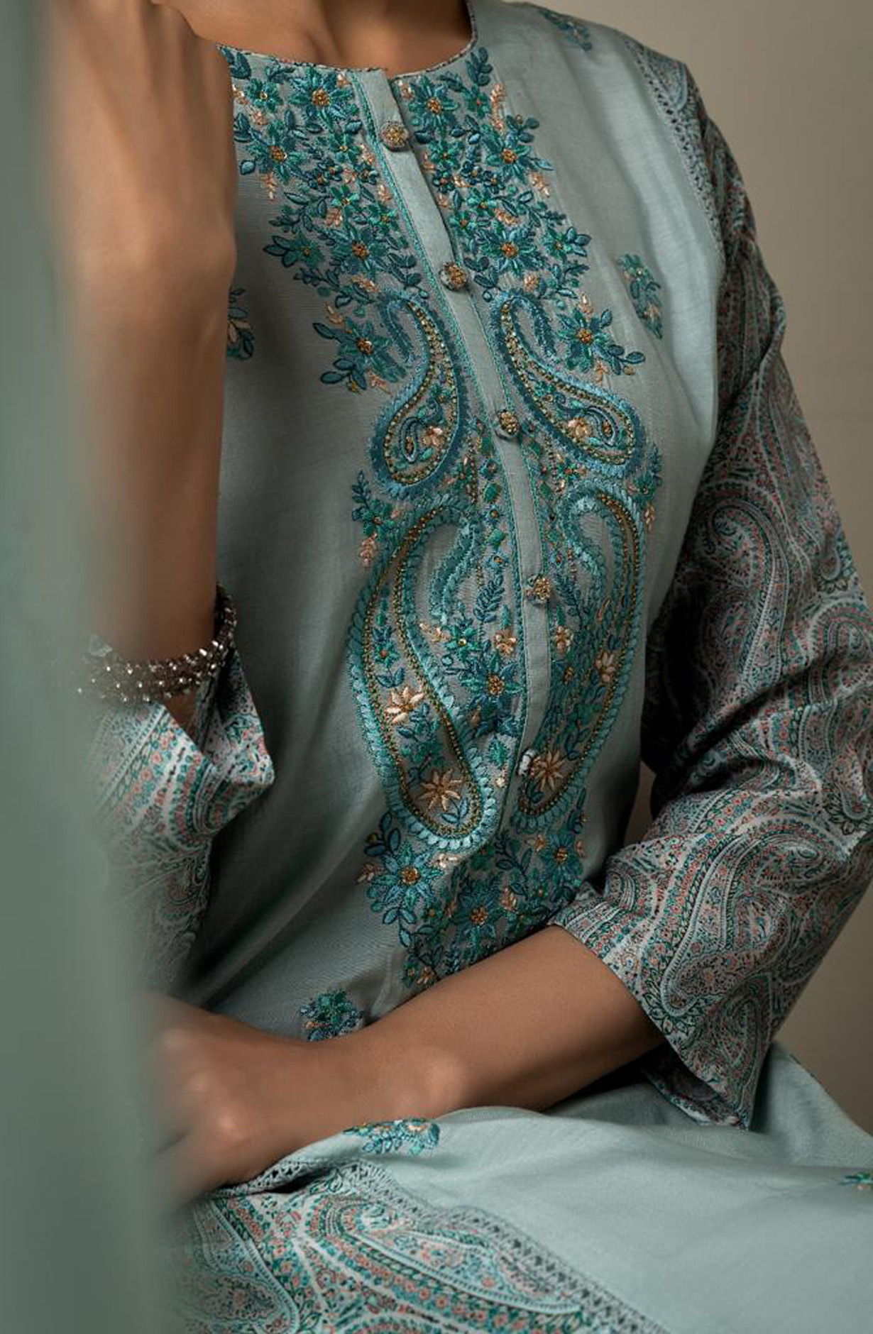 Sea Green Muslin Beautiful Festive Salwar Kameez with Organza Dupatta - R157-SPR1540C