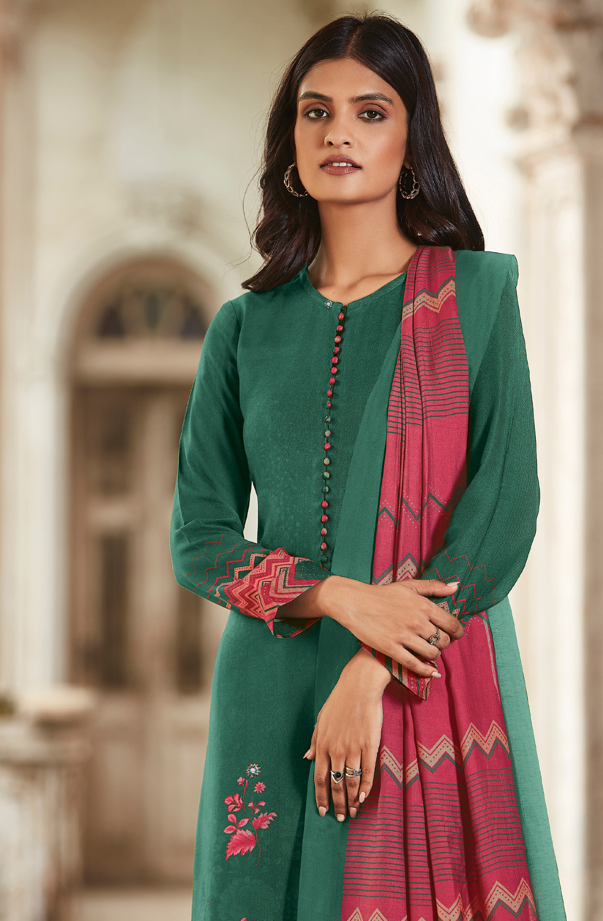 Bottle Green Cotton Digital Printed Unstitched Salwar Kameez - ARO1357