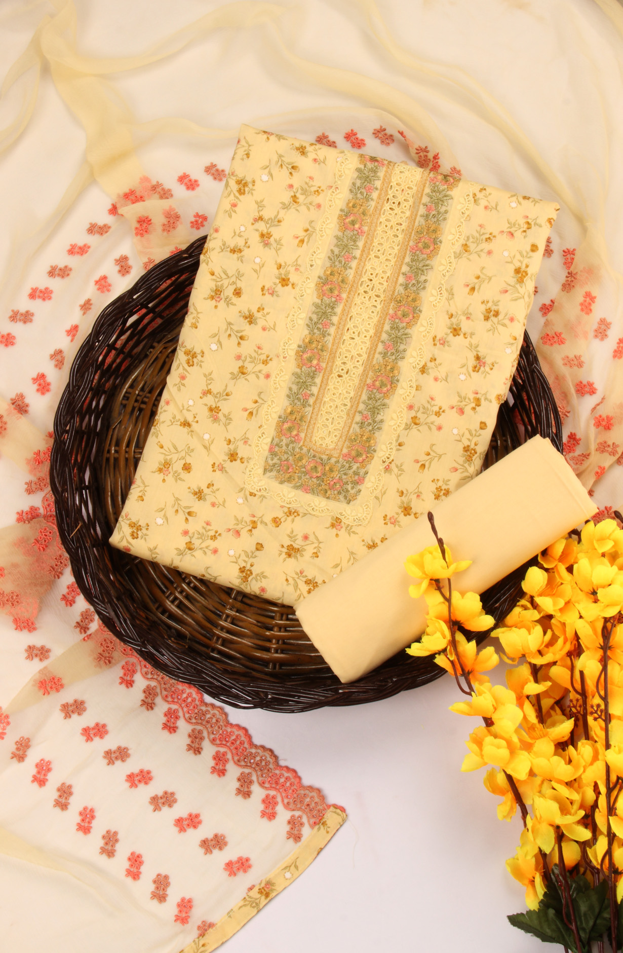 Yellow Cotton Unstitched Salwar Suit with Chiffon Dupatta - 245-NPJ2189