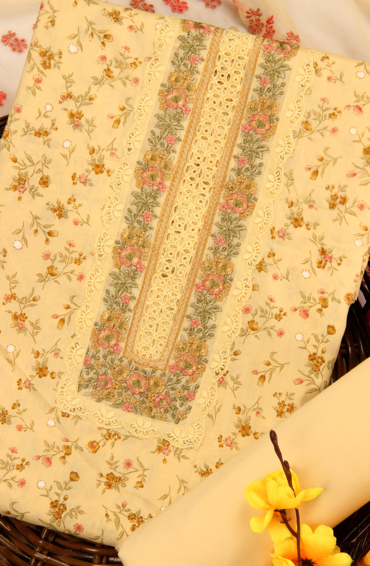 Yellow Cotton Unstitched Salwar Suit with Chiffon Dupatta - 245-NPJ2189