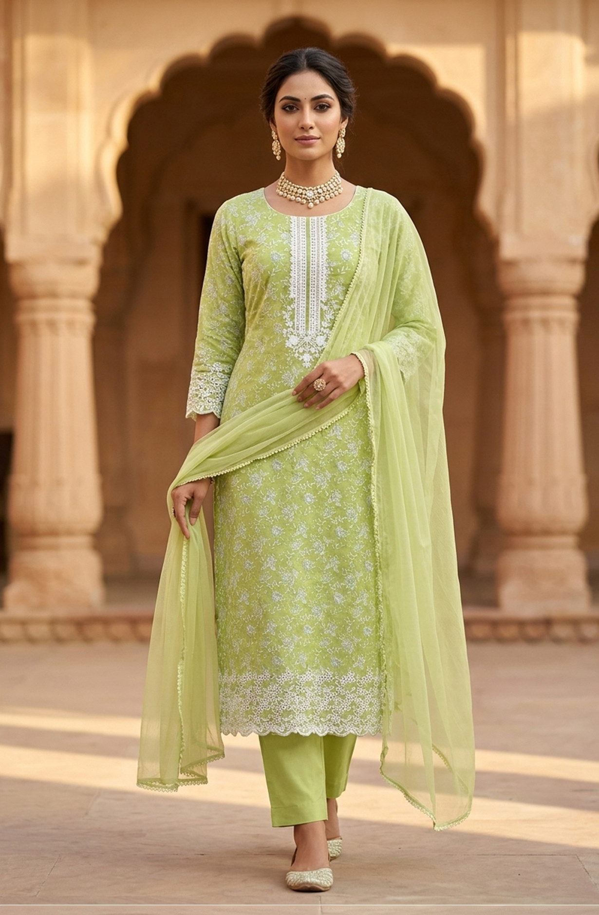 Green Cotton Unstitched Suit Set with Dupatta - 245-SUMCO1503-1