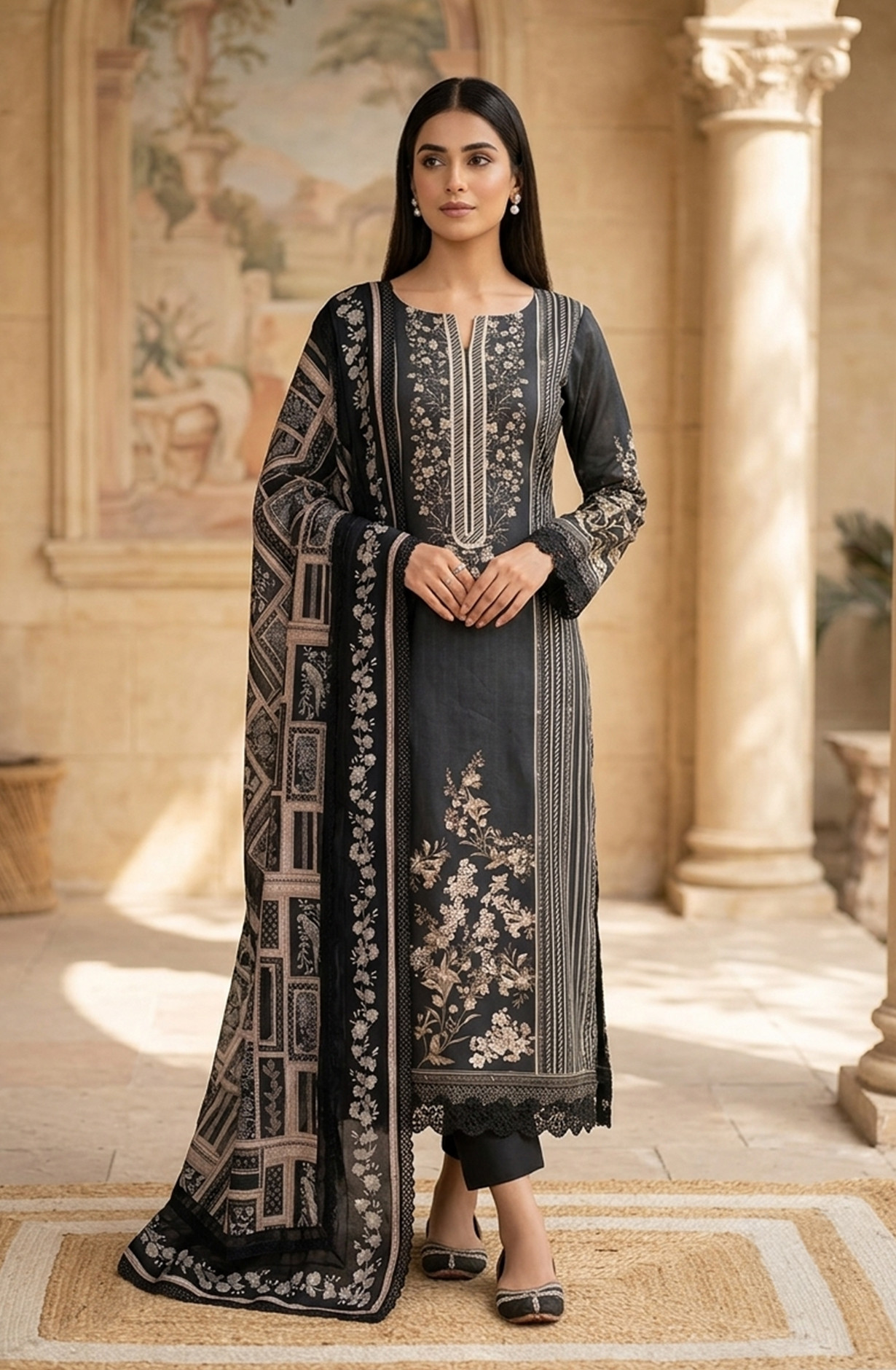 Black Muslin Beautiful Unstitched Suit Set with Dupatta - 245-SUMCO1503-16A