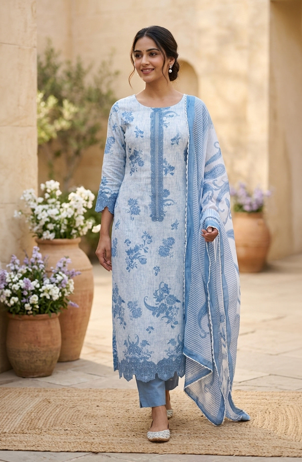 Blue Linen Unstitched Suit Set with Dupatta - 245-SUMCO1503-1A