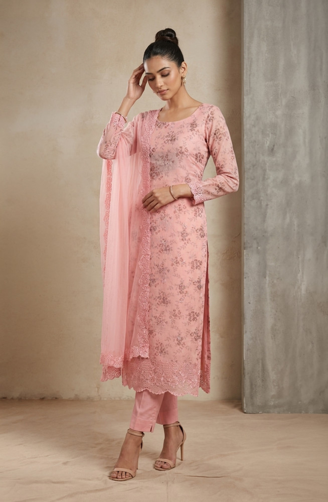 Image of Pink Digital Printed Cotton Linen Suit Set with Dupatta - 245-SUMCOT1503-2