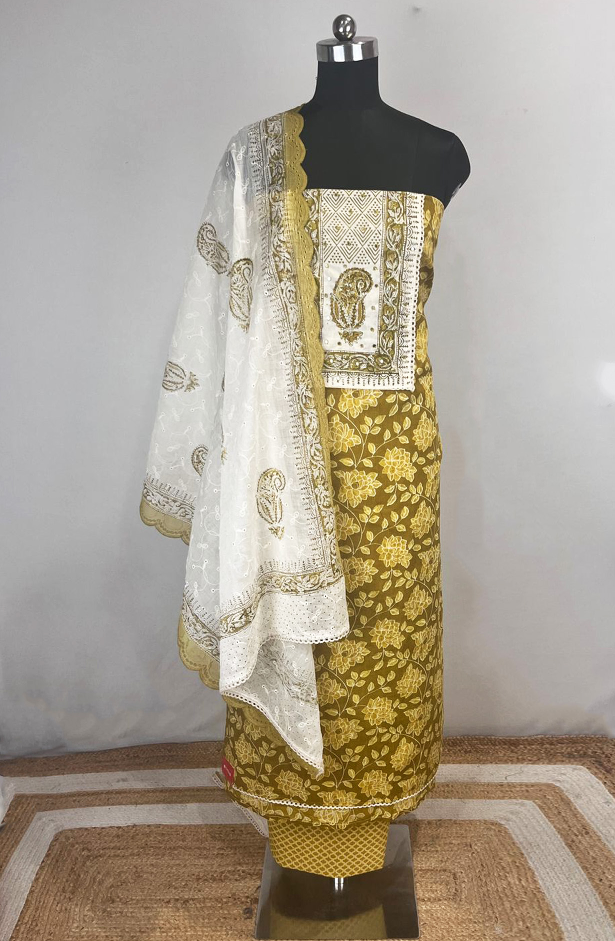 Yellow Cotton Unstitched Beautiful Suit Set with Dupatta - 131-KJ5019-3C