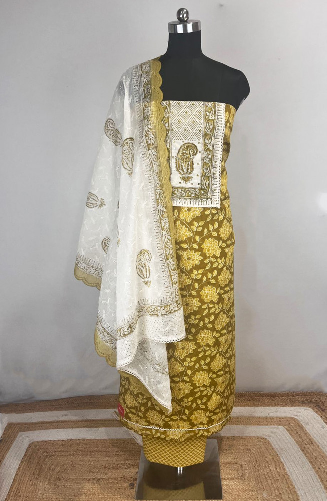 Image of Yellow Cotton Unstitched Beautiful Suit Set with Dupatta -  131-KJ5019-3C