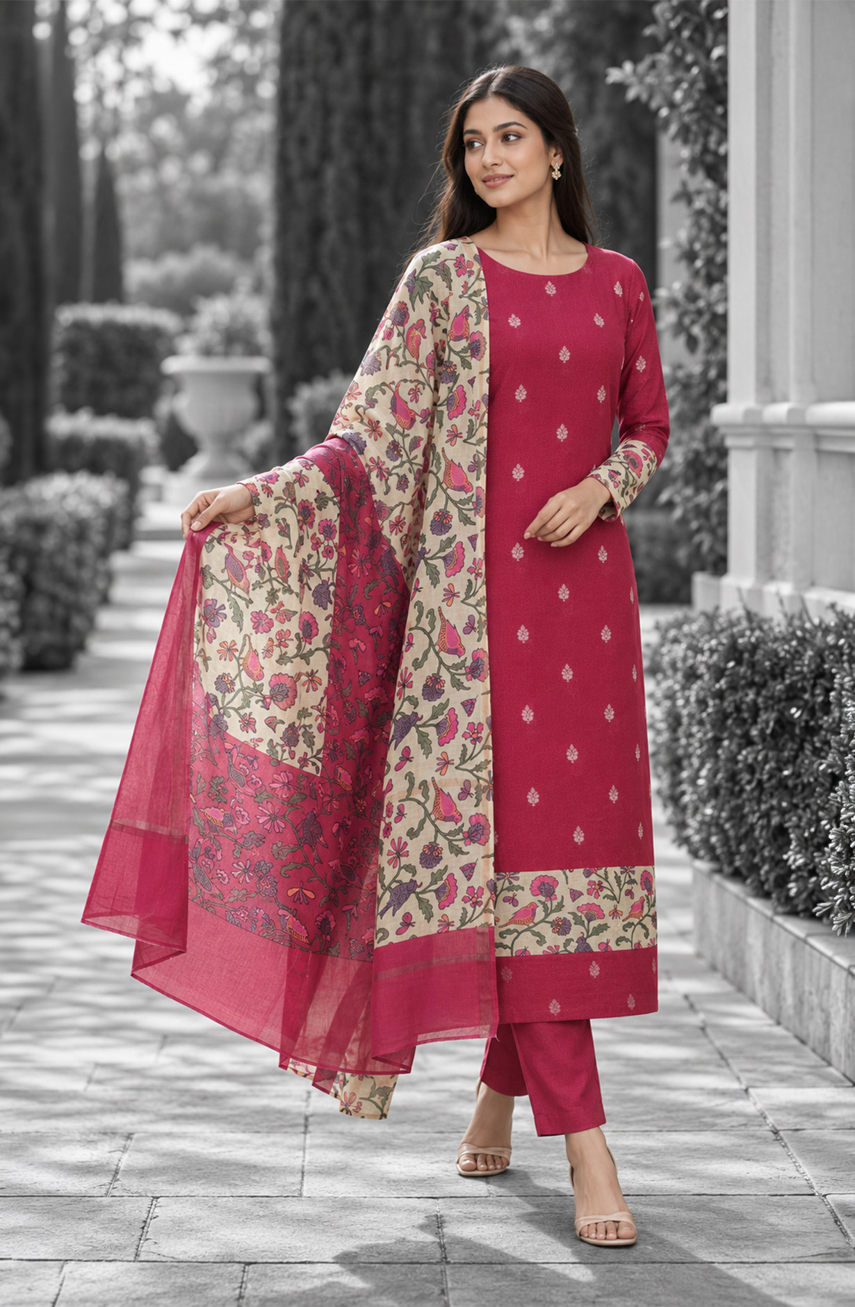 Mehroon Maheshwari Unstitched Suit-Set with Dupatta - 811-S151-1213-17D
