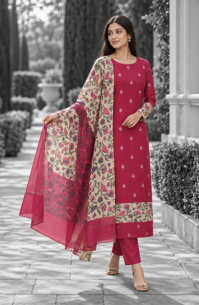 Image of Mehroon Maheshwari Unstitched Suit-Set with Dupatta - 811-S151-1213-17D