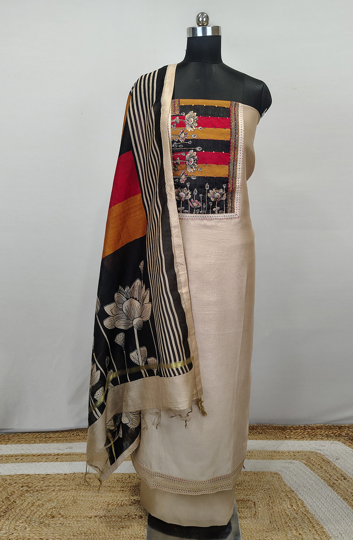 Beige Beautiful Maheshwari Unstitched Suit with Dupatta - 984-FMDE1283A