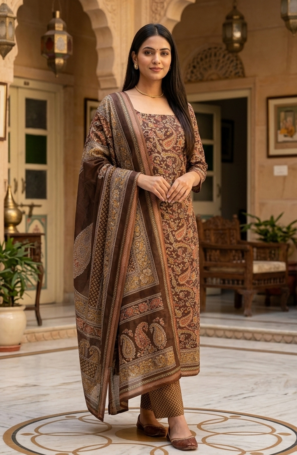 Brown Beautiful Maheshwari Suit Set with Dupatta -  1029-SHEHNAI-3