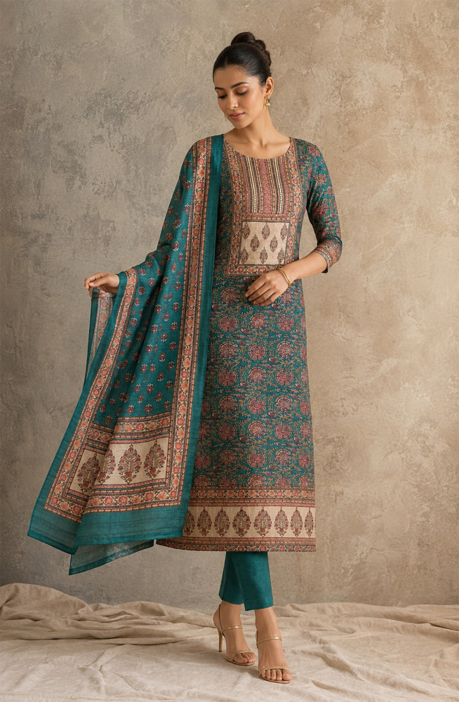 Image of Green Silk Unstitched Suit Set with Beautiful Dupatta - 944-1328A