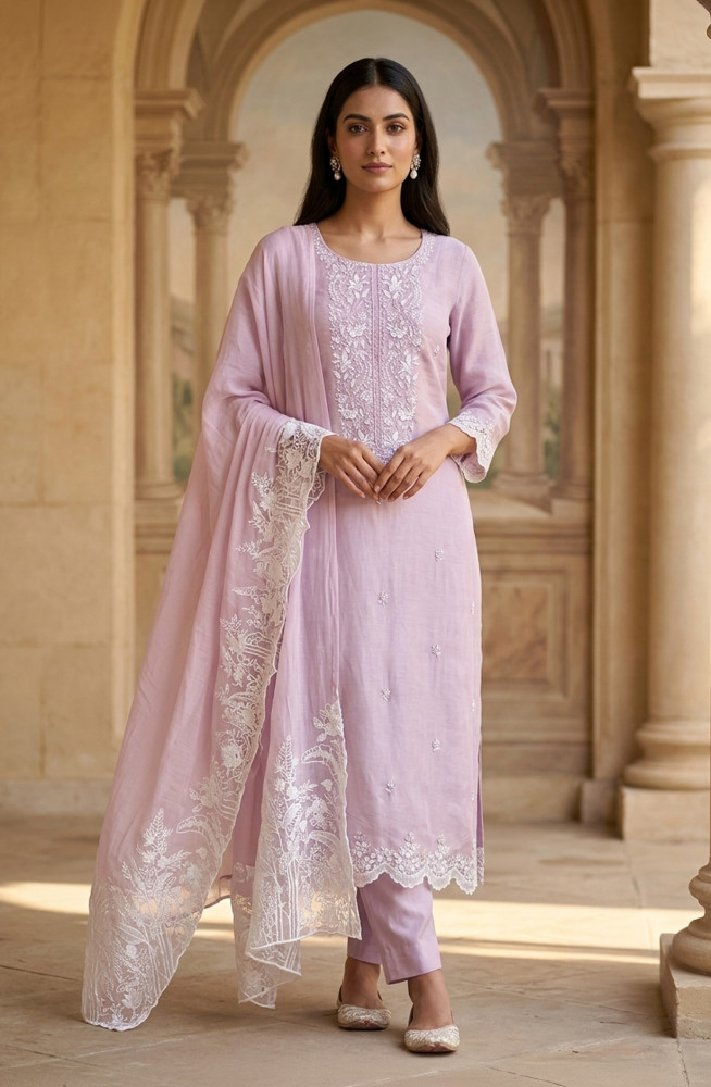 Image of Pink Chanderi Silk Unstitched Suit Set with Beautiful Dupatta - 245-SUMCOT1501-3