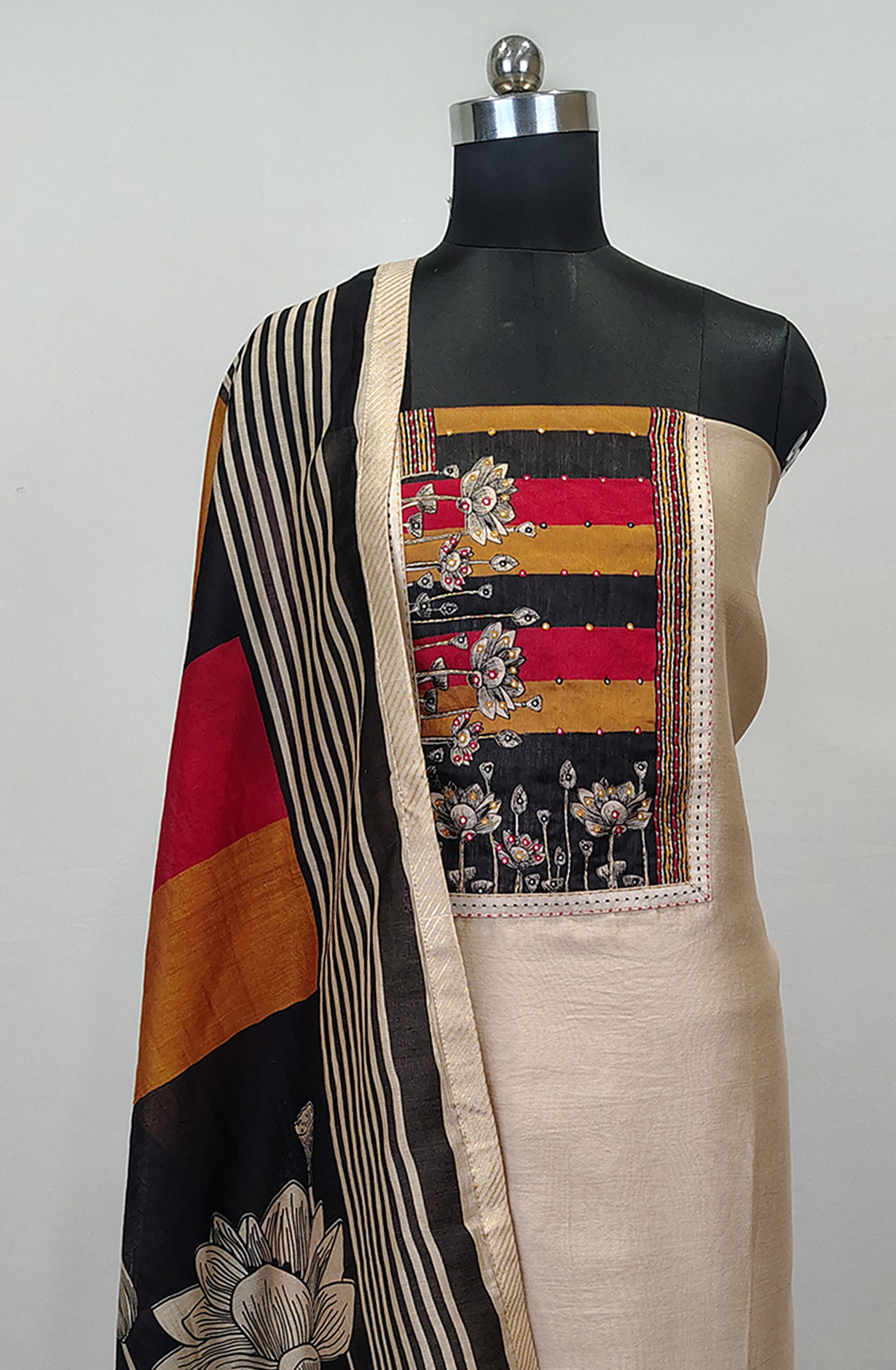Beige Beautiful Maheshwari Unstitched Suit with Dupatta - 984-FMDE1283A
