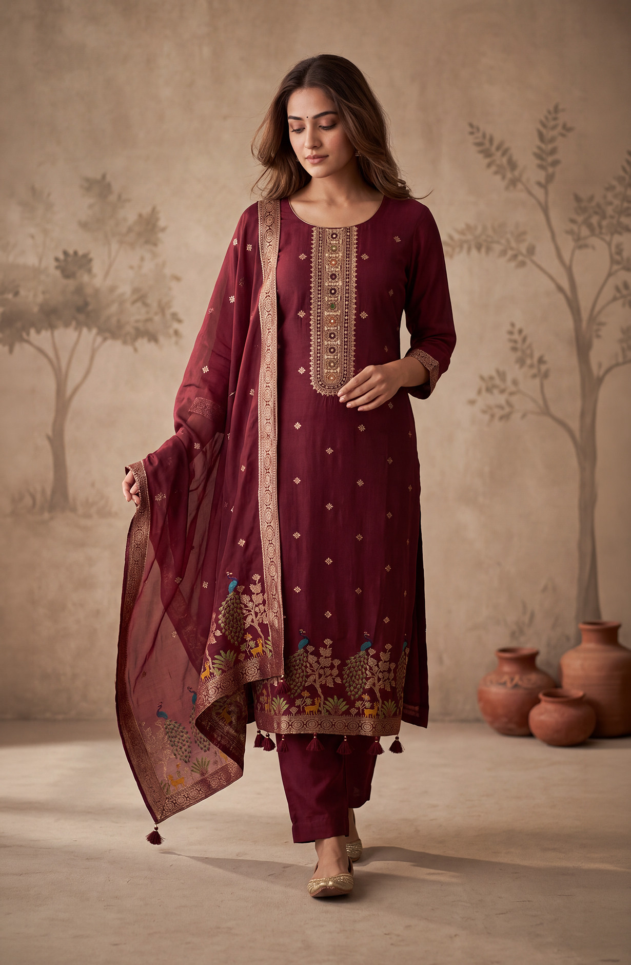 Maroon Satin silk Unstitched Suit Set with Beautiful Dupatta - 1028-NJ292A