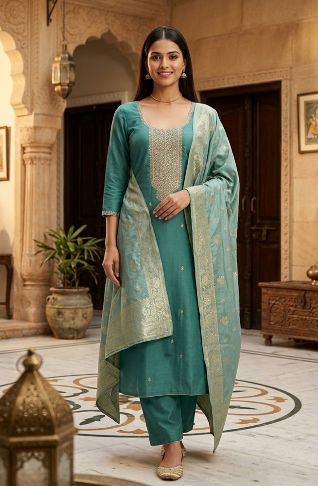 Image of Turquoise Chanderi Silk  Beautiful Suit Set with Dupatta -  981-NK645