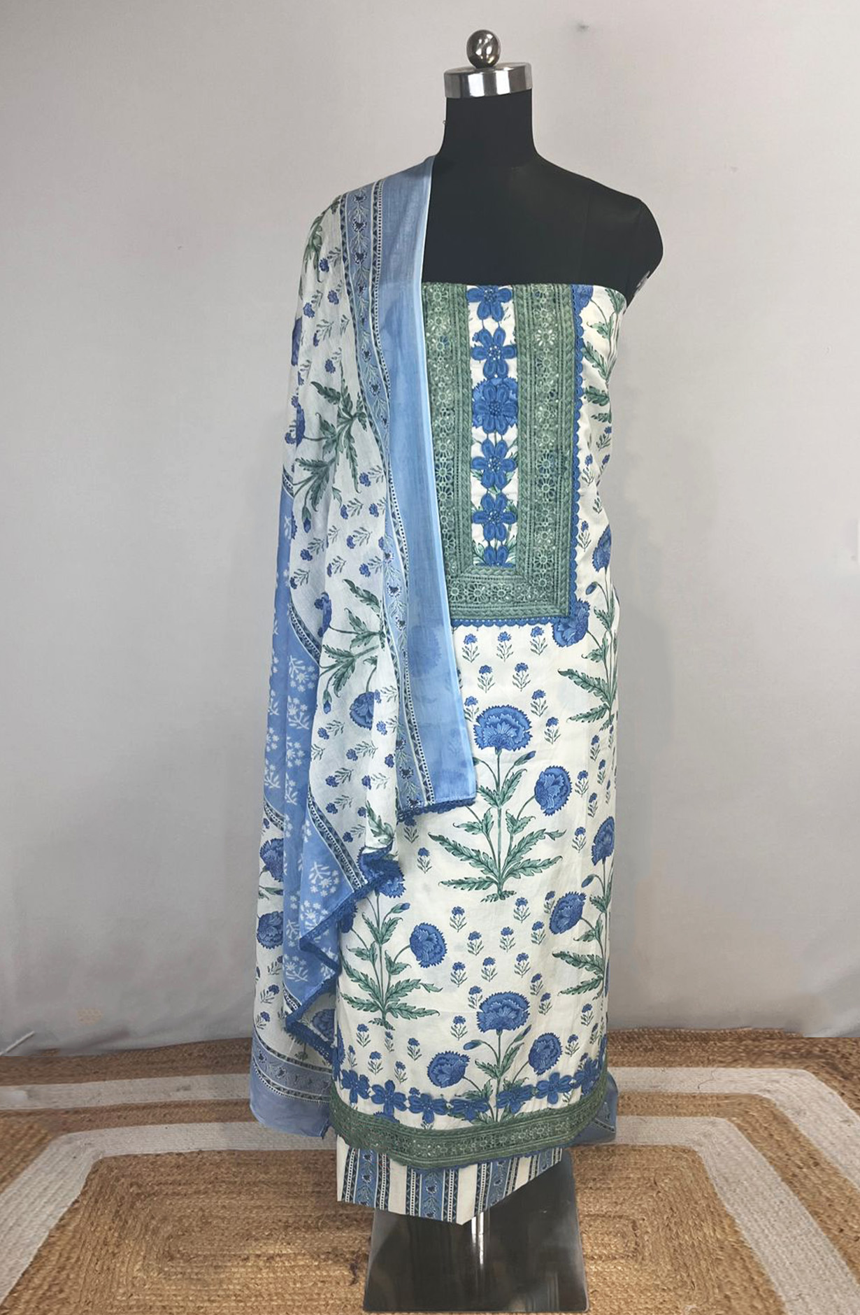 Blue Cotton Unstitched Beautiful Suit Set with Dupatta - 131-KJ6430-2A