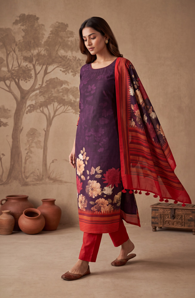 Image of Purple Satin Silk Unstitched Suit Set with Beautiful Dupatta - 1028-MALAI-4A