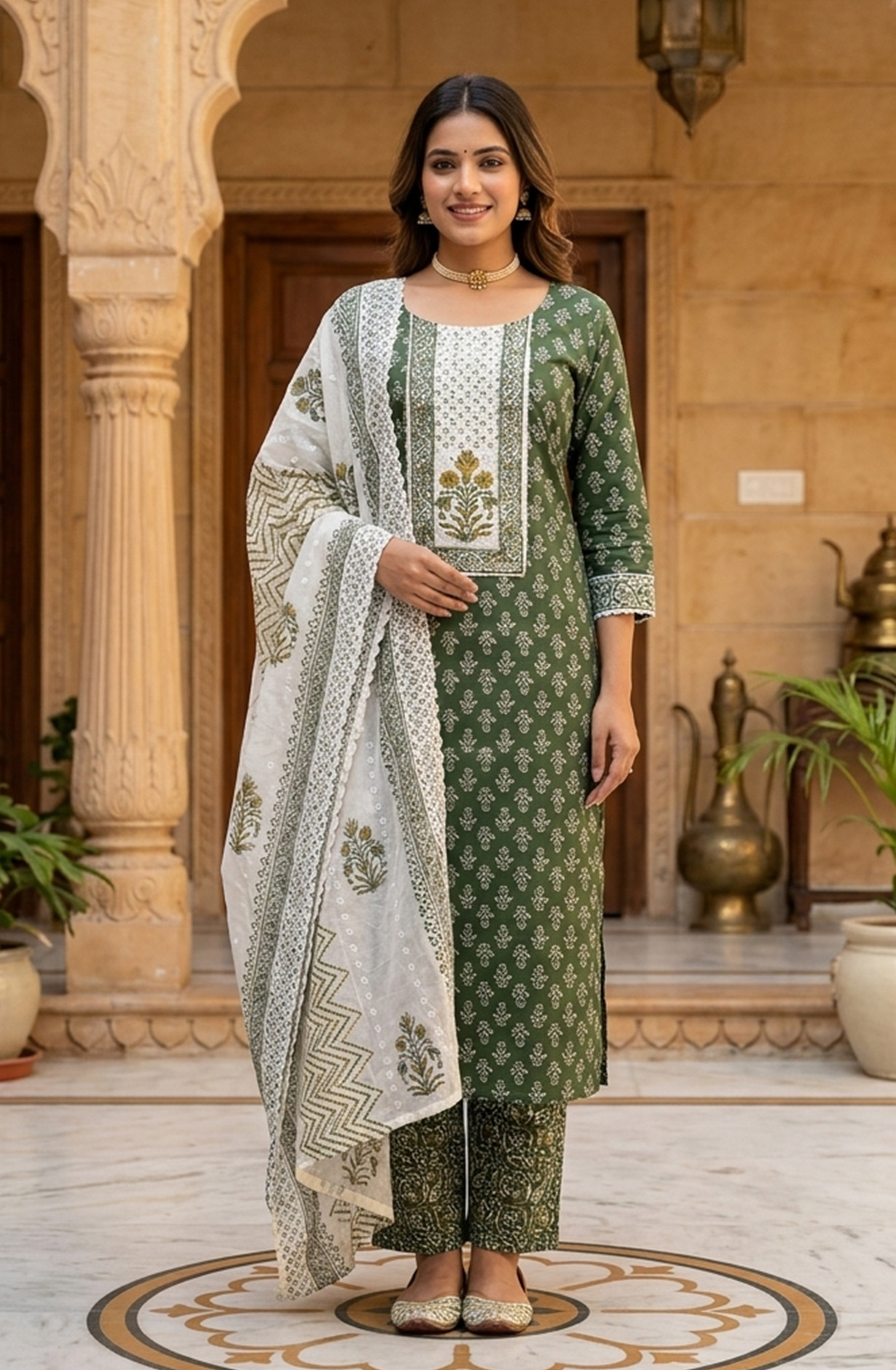 Green Cotton Digital Printed Beautiful Suit Set with Dupatta - 1029-3323A
