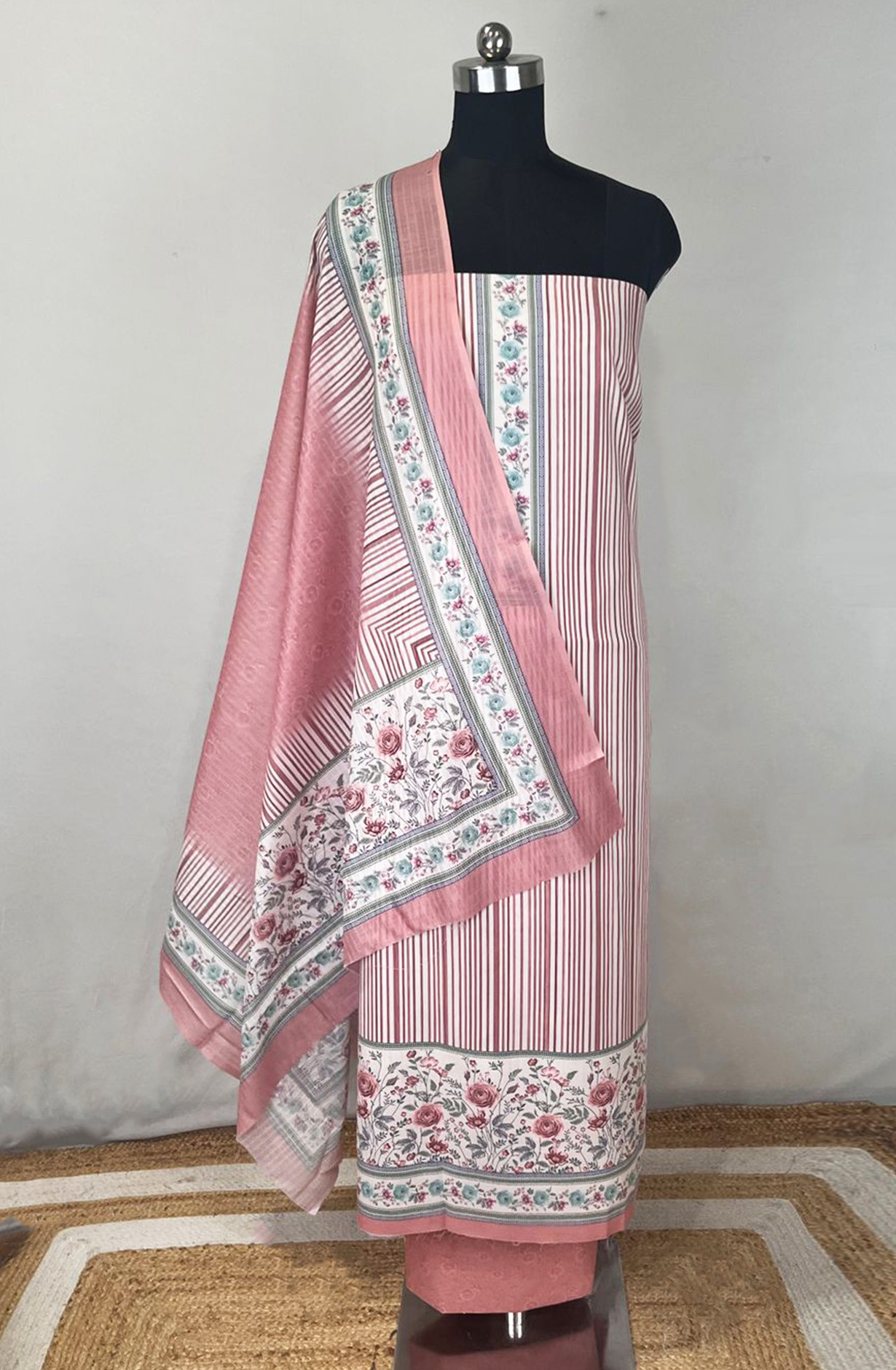 Pink Vertical Stripe Cotton Unstitched Suit Set with Dupatta - 131-SUMCOT1106A