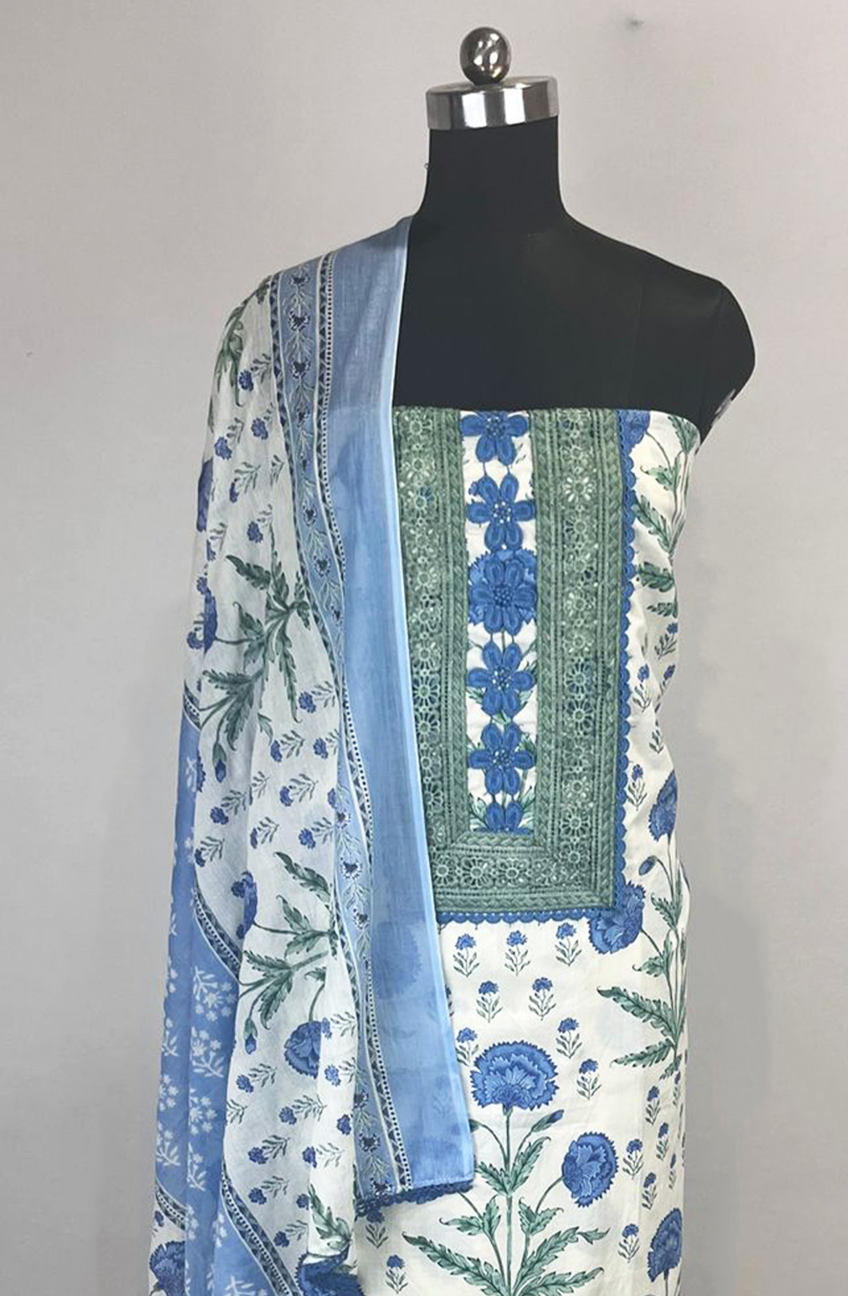 Blue Cotton Unstitched Beautiful Suit Set with Dupatta - 131-KJ6430-2A