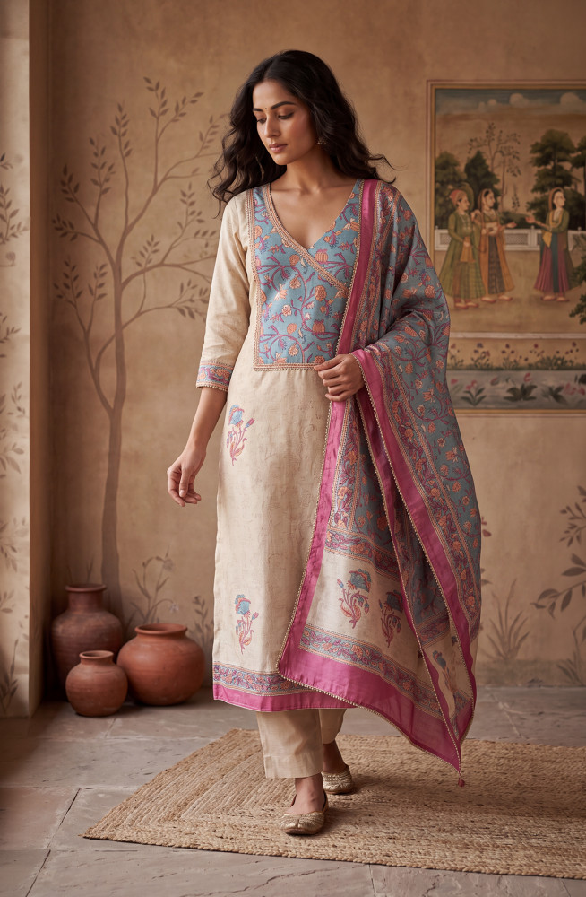 Image of Blue Silk Unstitched Suit Set with Beautiful Silk Dupatta - 972-WETSL1102-4B