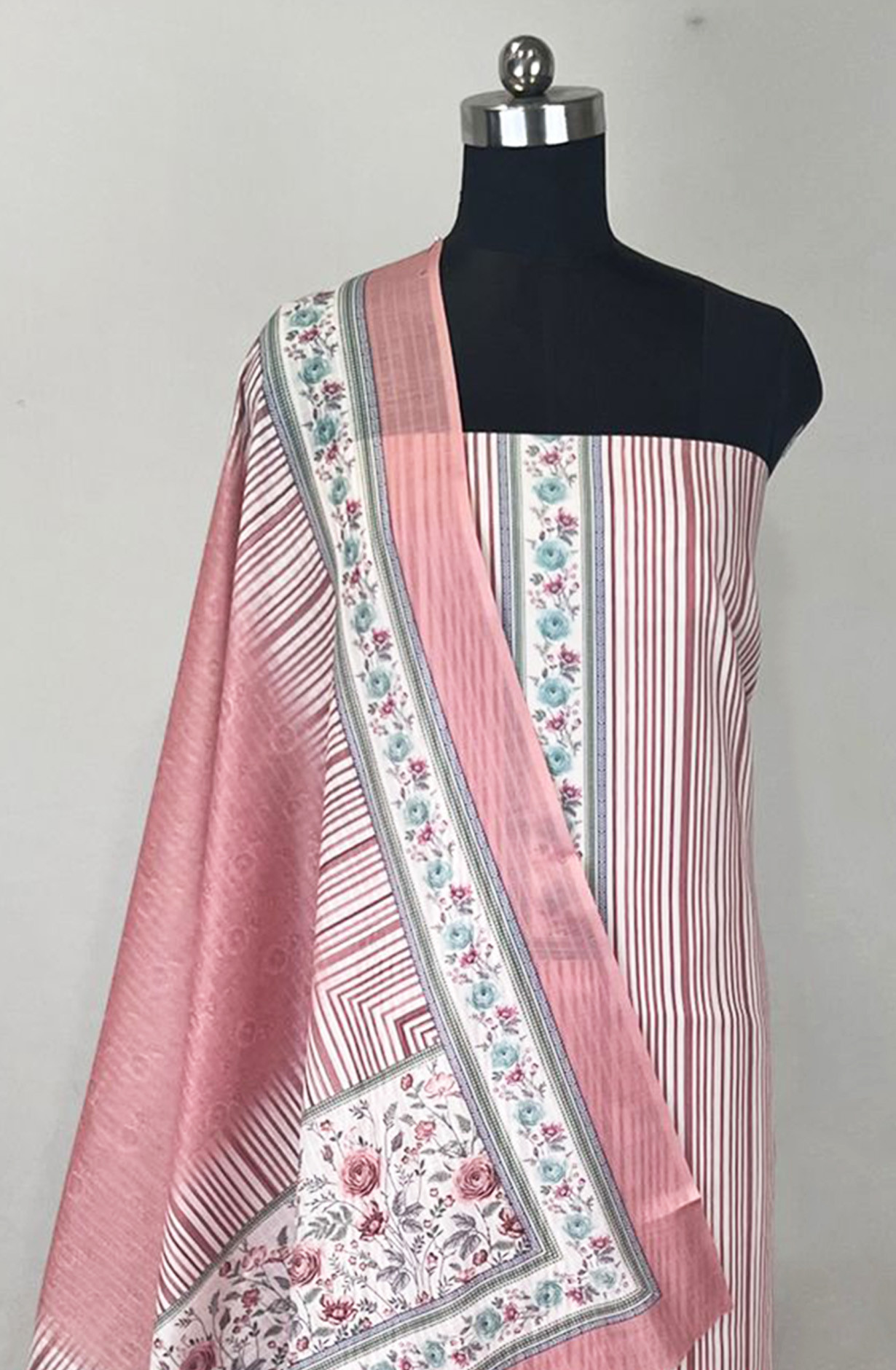 Pink Vertical Stripe Cotton Unstitched Suit Set with Dupatta - 131-SUMCOT1106A