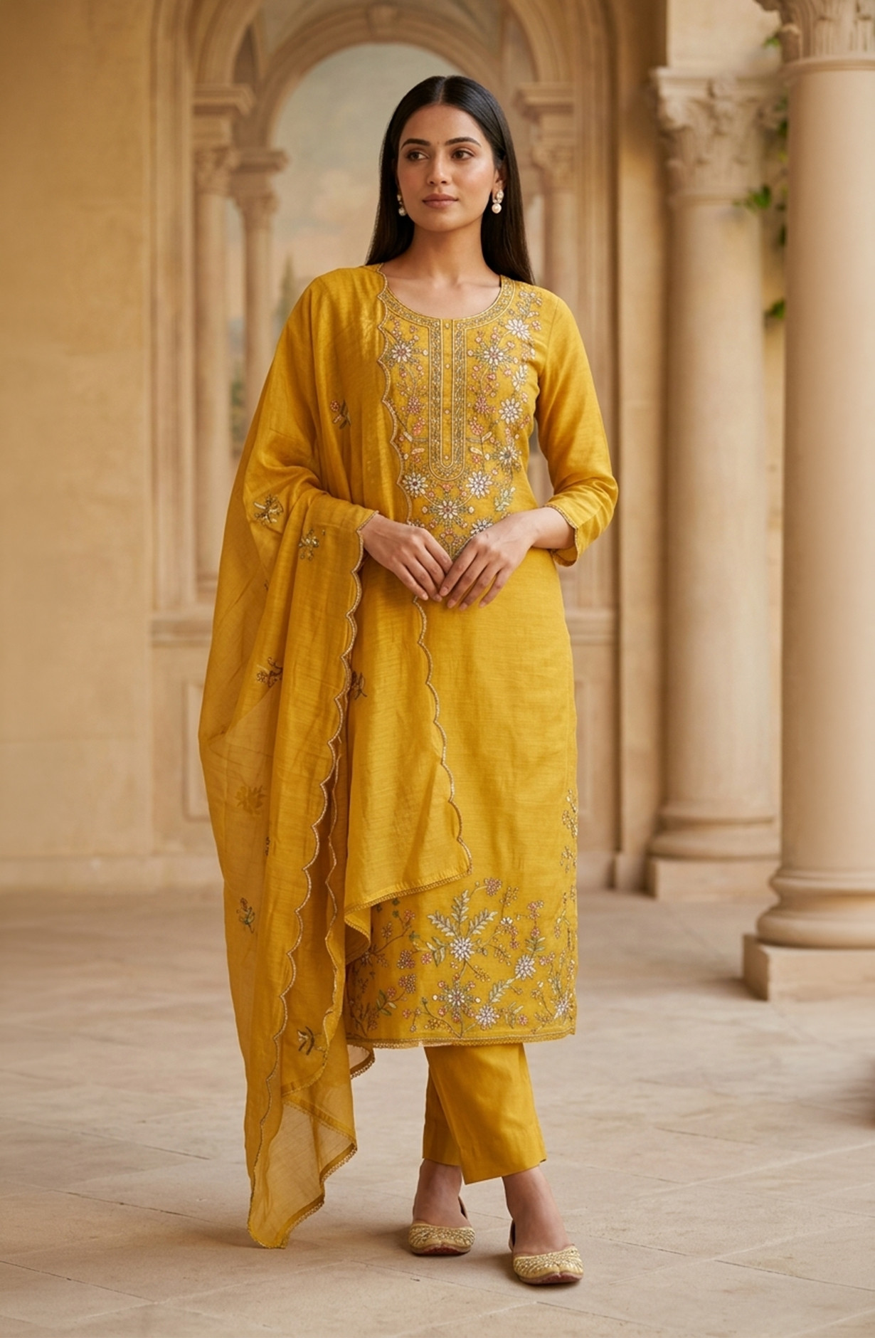 Mustard Mul Chanderi Unstitched Suit Set with Beautiful Dupatta - 752-9274