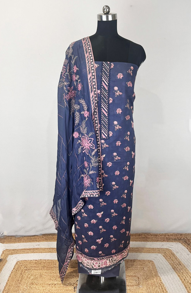 Image of Navy Blue Printed Cotton Unstitched Suit Set with Dupatta - 131-SUMCOT1113