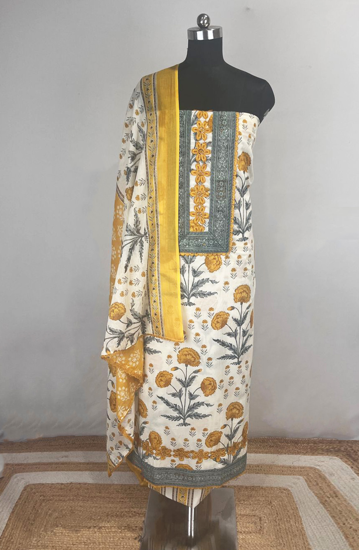 Yellow Cotton Unstitched Beautiful Suit Set with Dupatta - 131-KJ6430-2B