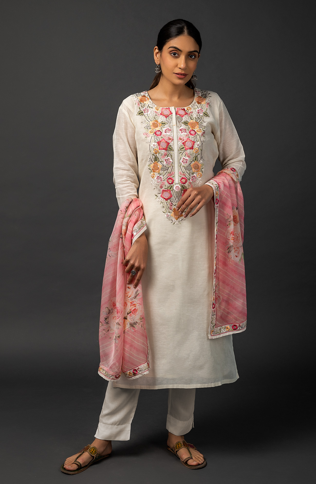 Cream Linen Exclusive Embroidered Suit with Organza Dupatta - R157-SPR1453