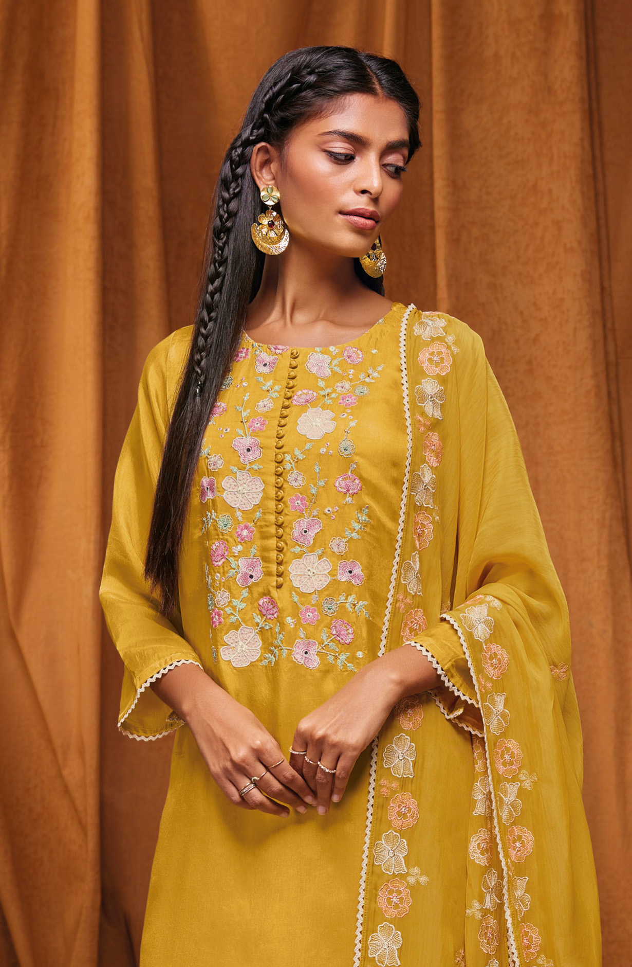 Mustard Beautiful Satin Silk Unstitched Suit with Organza Dupatta - YAHS1713B