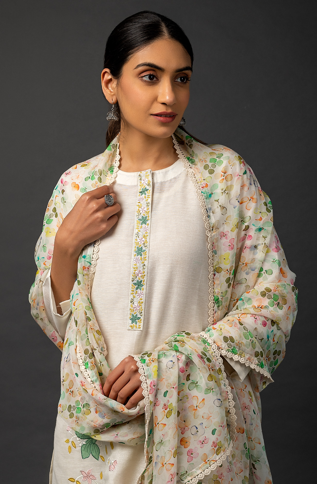 Cream Linen Beautiful Embroidered Salwar Suit with Organza Dupatta - R157-SPR1456