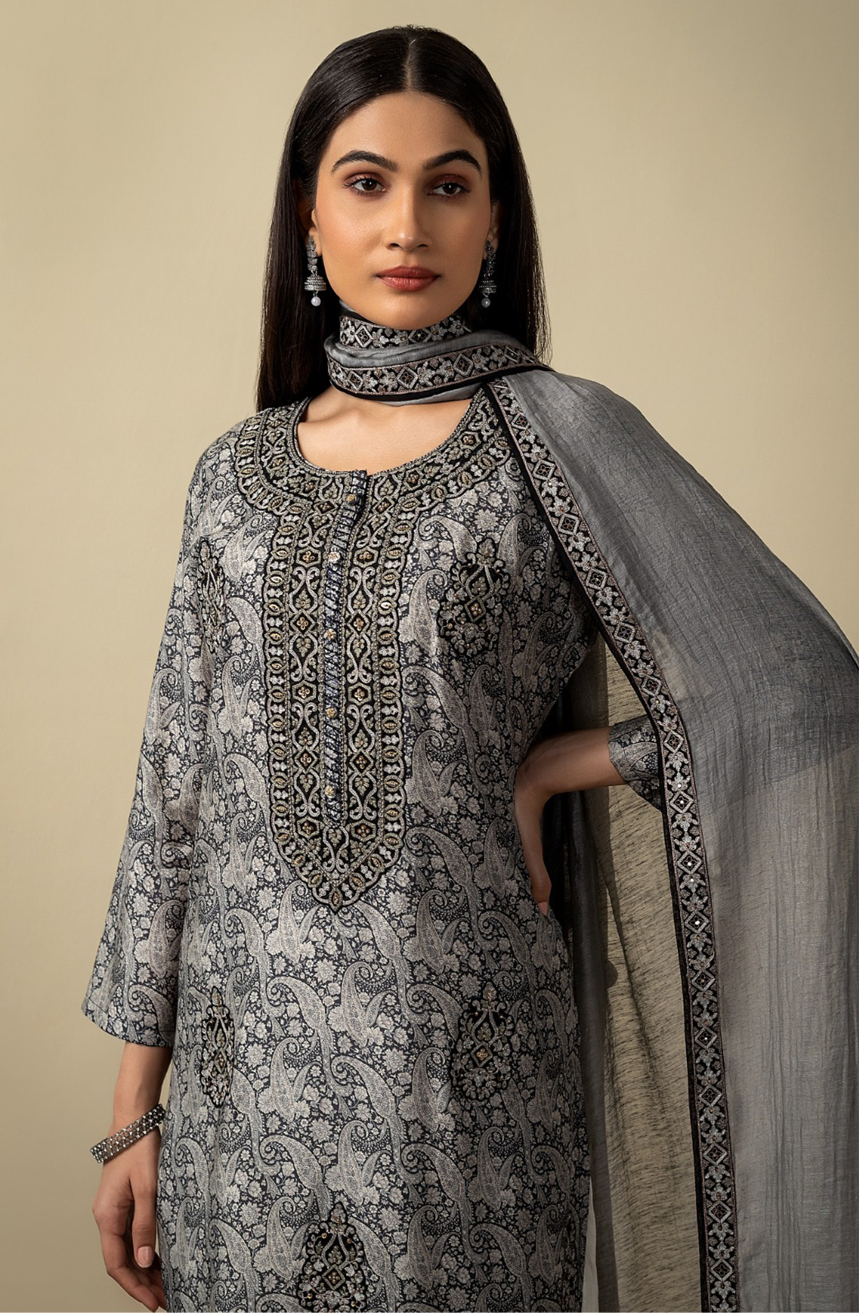Black and Grey Muslin Beautiful Salwar Kameez with Organza Dupatta - R157-SPR1542