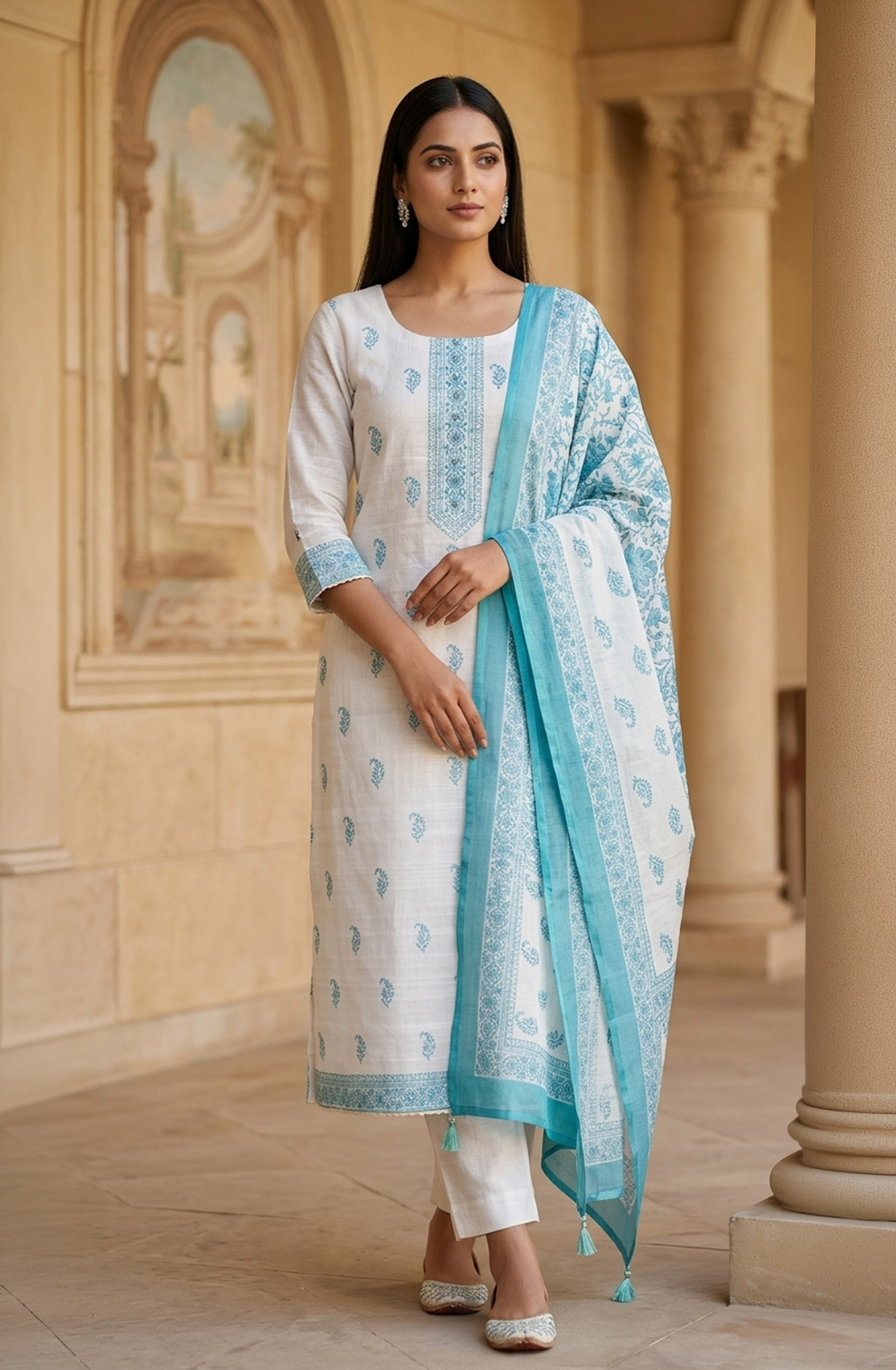 Firozee Cotton Suit Set with Beautiful Dupatta - 1020-4966A