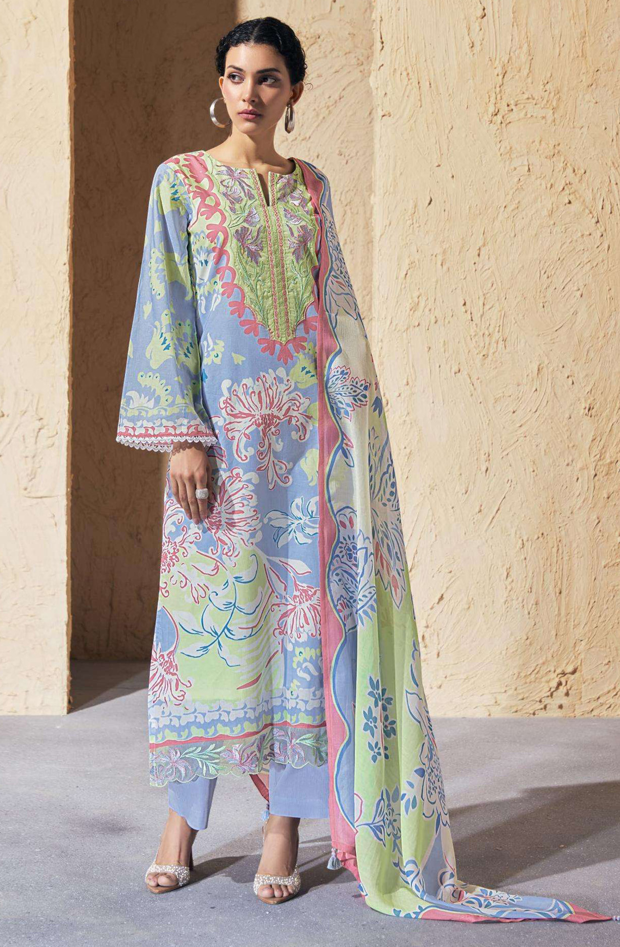 Blue Pure Cotton Lawn Suit set with Dupatta- JOY342