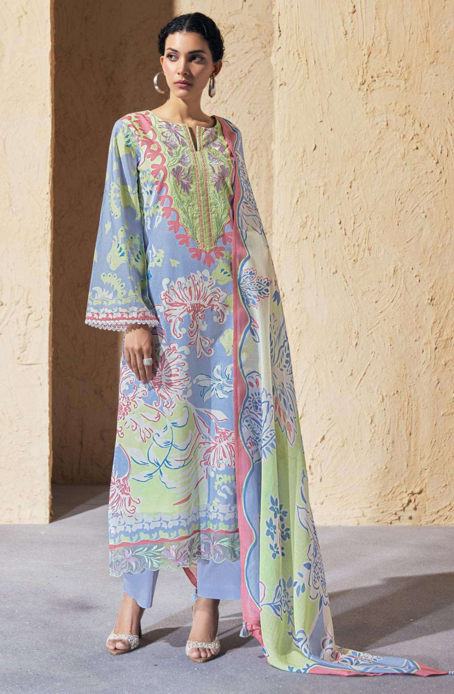 Image of Blue Pure Cotton Lawn Suit set with Dupatta- JOY342