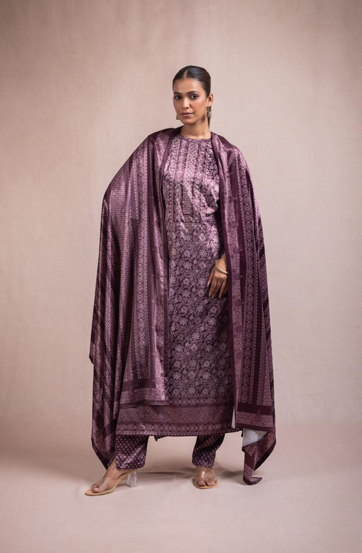 Mauve Digital Printed Velvet Suit with Dupatta - ANO2116C