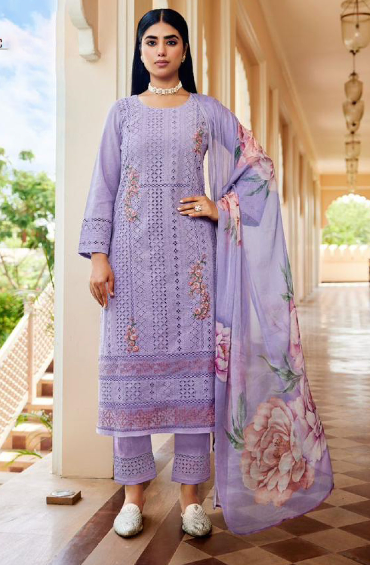 Purple Pure Cambric Cotton Suit Set with Dupatta- SHA15901