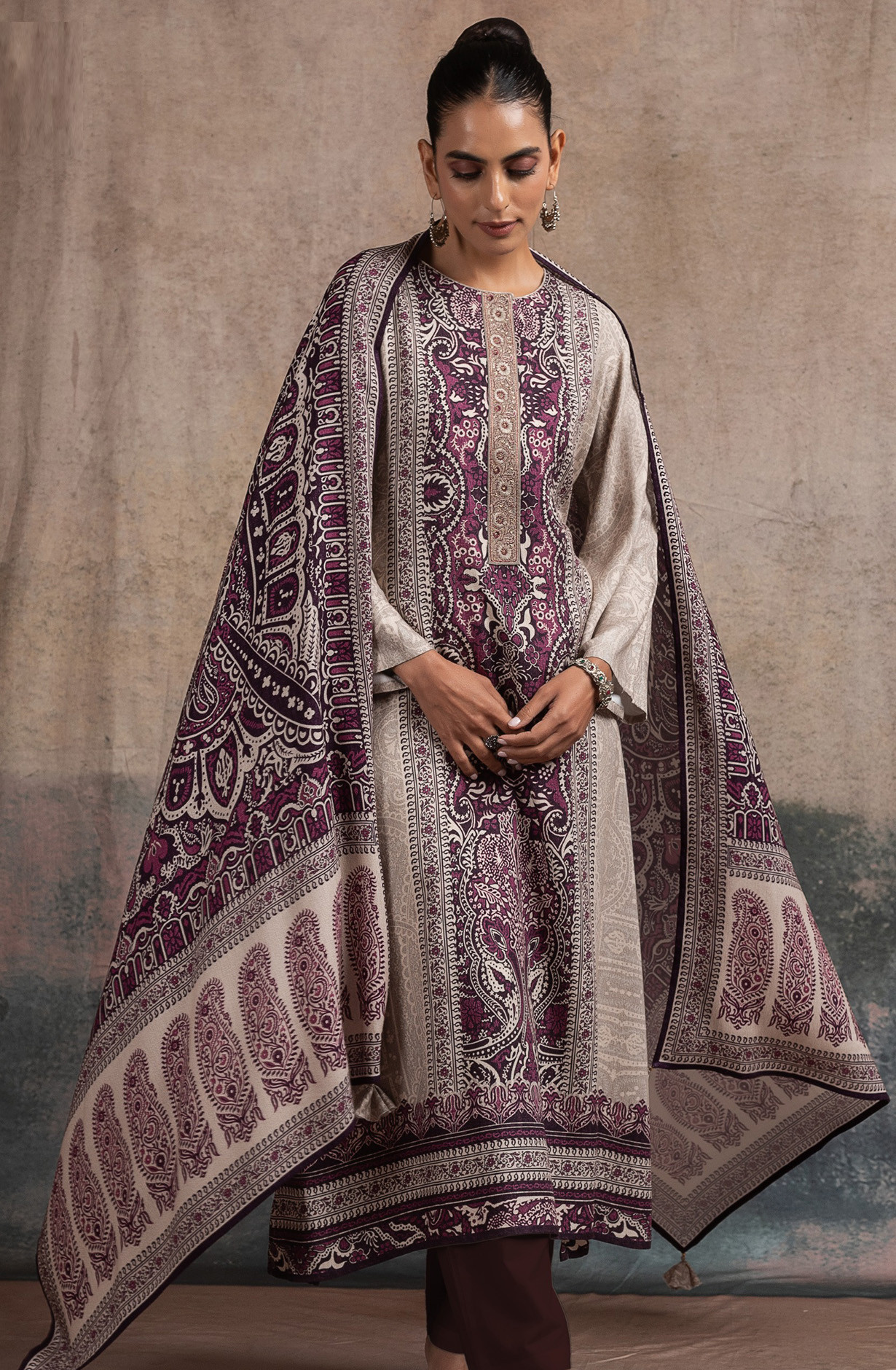 Wine Pashmina Suit Set with Dupatta - R157-SPR2520A