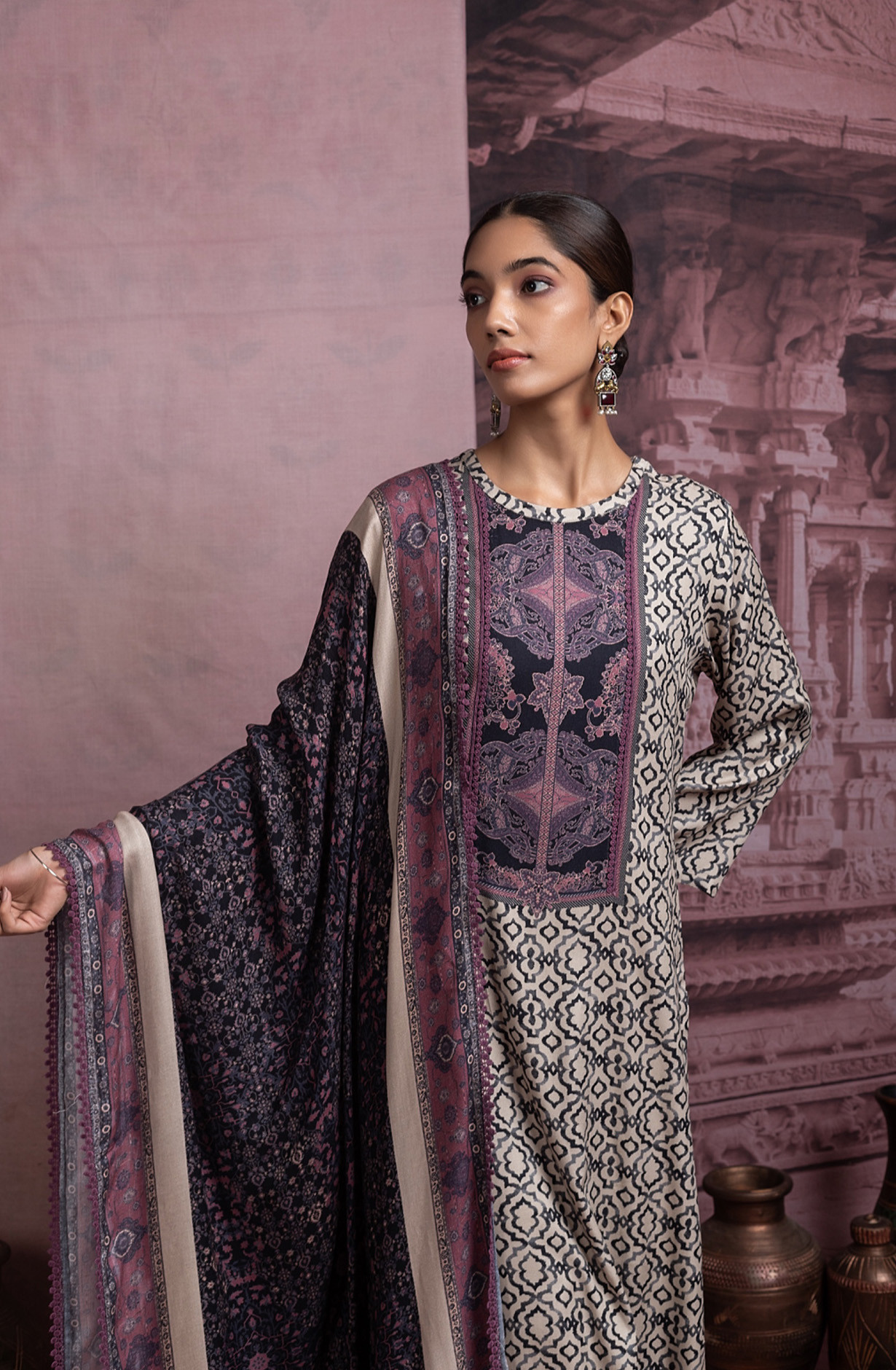 Mauve Pashmina Digital Printed Suit with Dupatta - FAS2035A